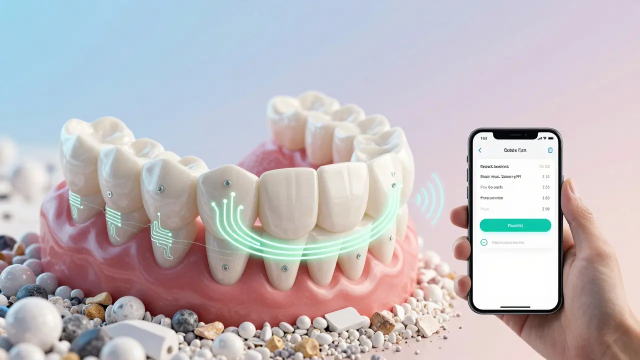 Inteligentní fazety s mikrosenzory a podsvícenými čipy, spojené s mobilní aplikací.