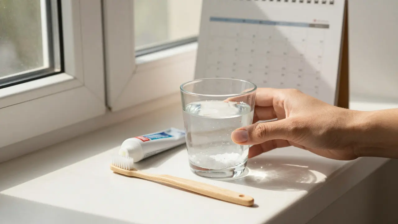 Jemný kartáček, pasta a slaná voda na okně jako symbol dlouhodobé péče.