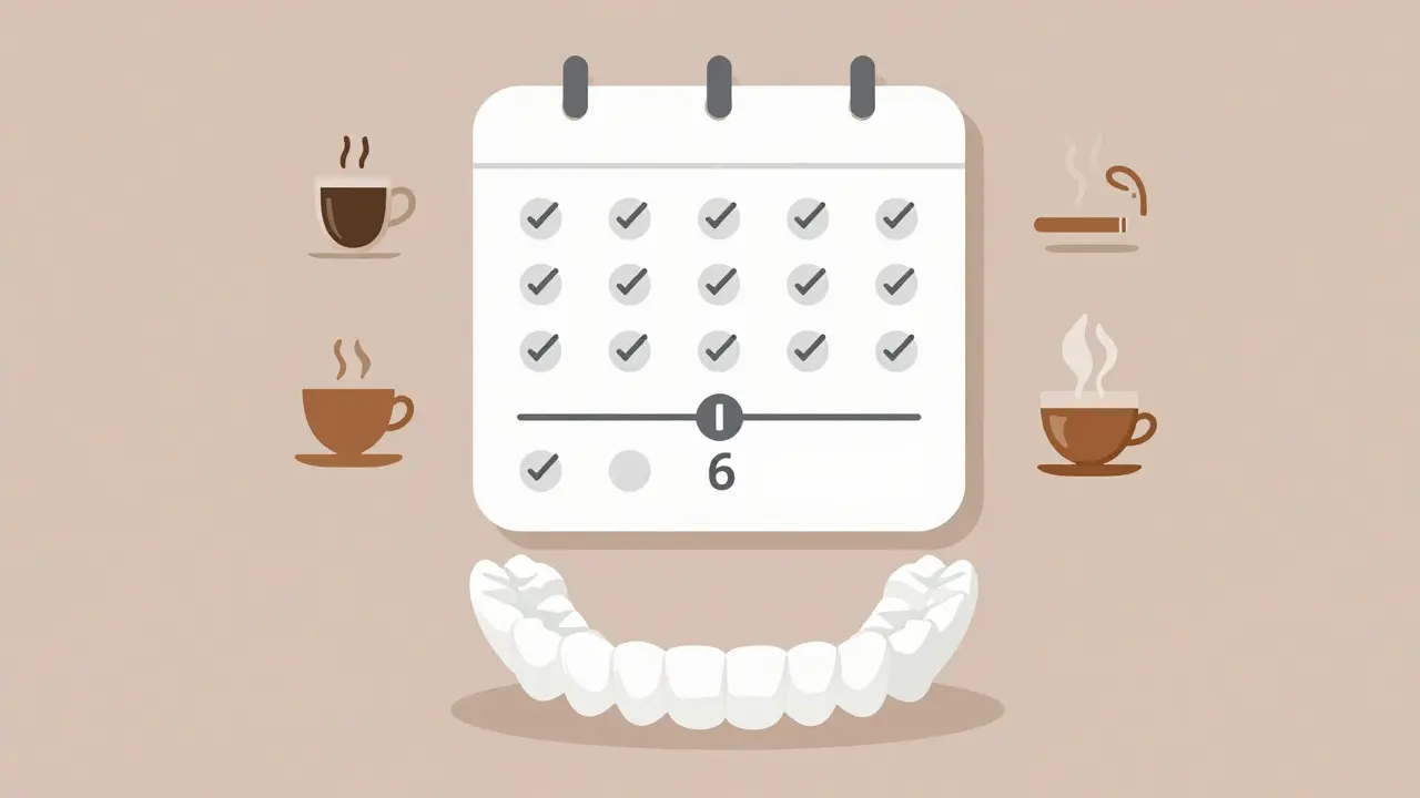 Kalendář ukazující 14dní bělení a 6měsíční pauzu mezi cykly.