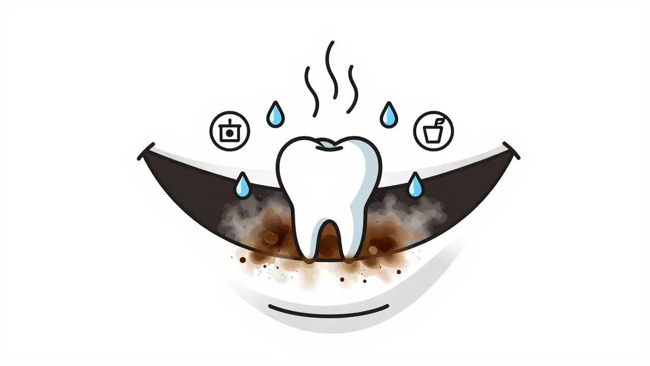 Konceptuální znázornění čistých zubů vystupujících z tmavých skvrn.