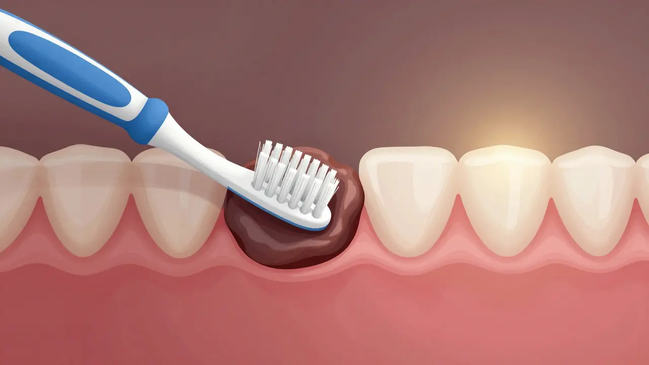 Kontrast mezi zdravými a zánětlivými dásněmi s mezizubním kartáčkem v centru.