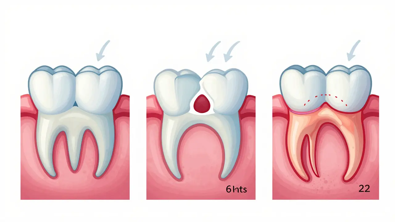 Křížový řez čelisti ukazující posun zubů a zánik dásní po více než dvou letech bez léčby.