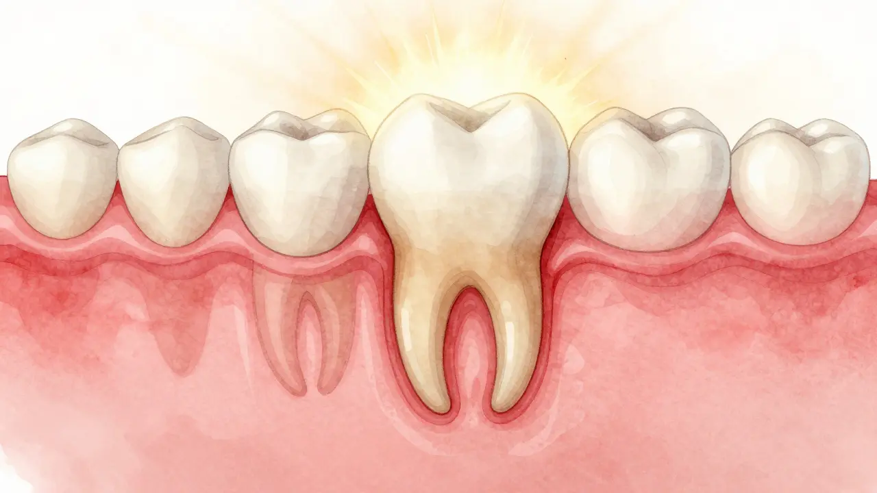 Květová ilustrace hojících se dásní a jejich přilehání k zubu.