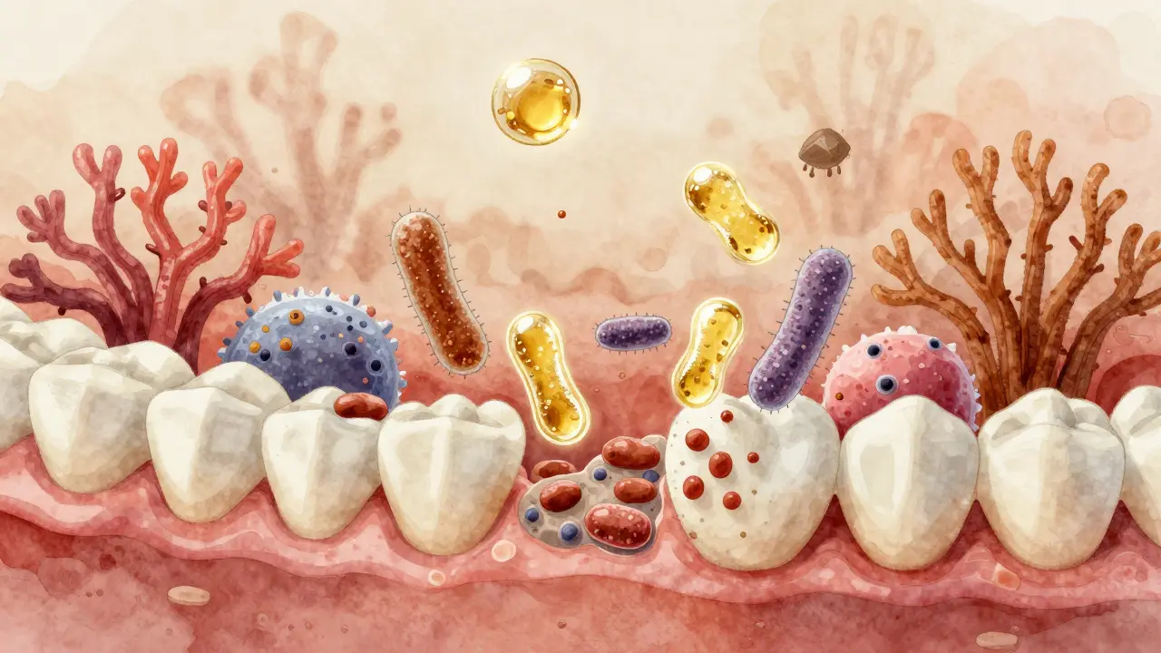 Mikroskopický pohled na bakterie v zubním plaku, které jsou odstraňovány kokosovým olejem.