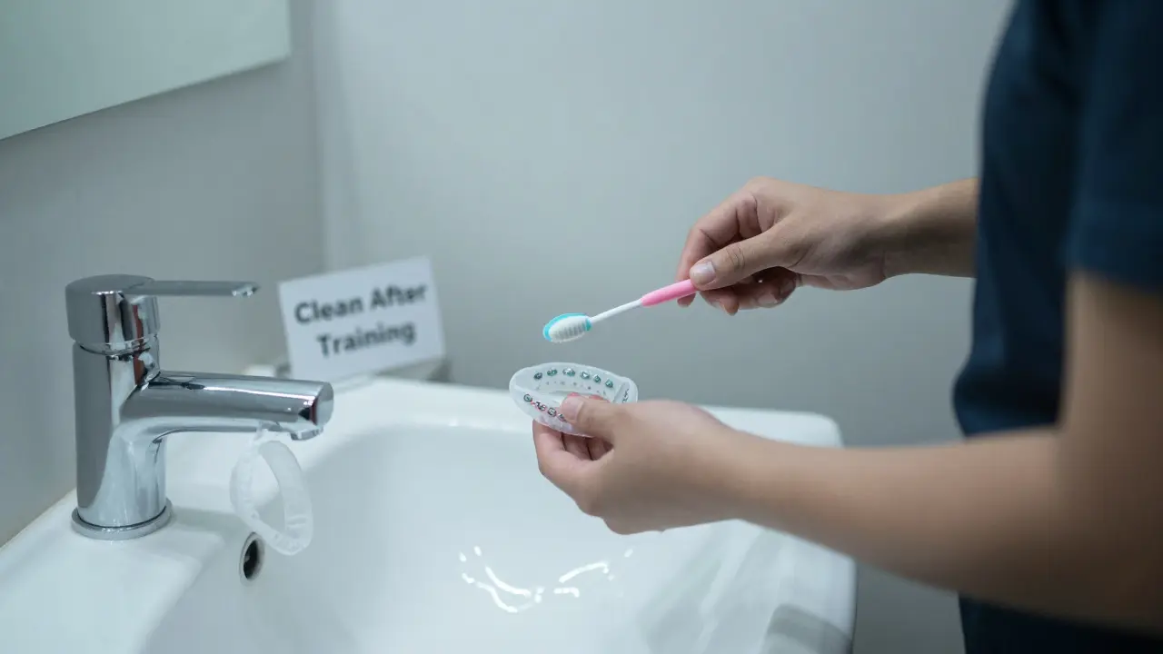 Osoba čistí rovnátka po tréninku v koupelně, na okraji sinku visí ochranný štít.