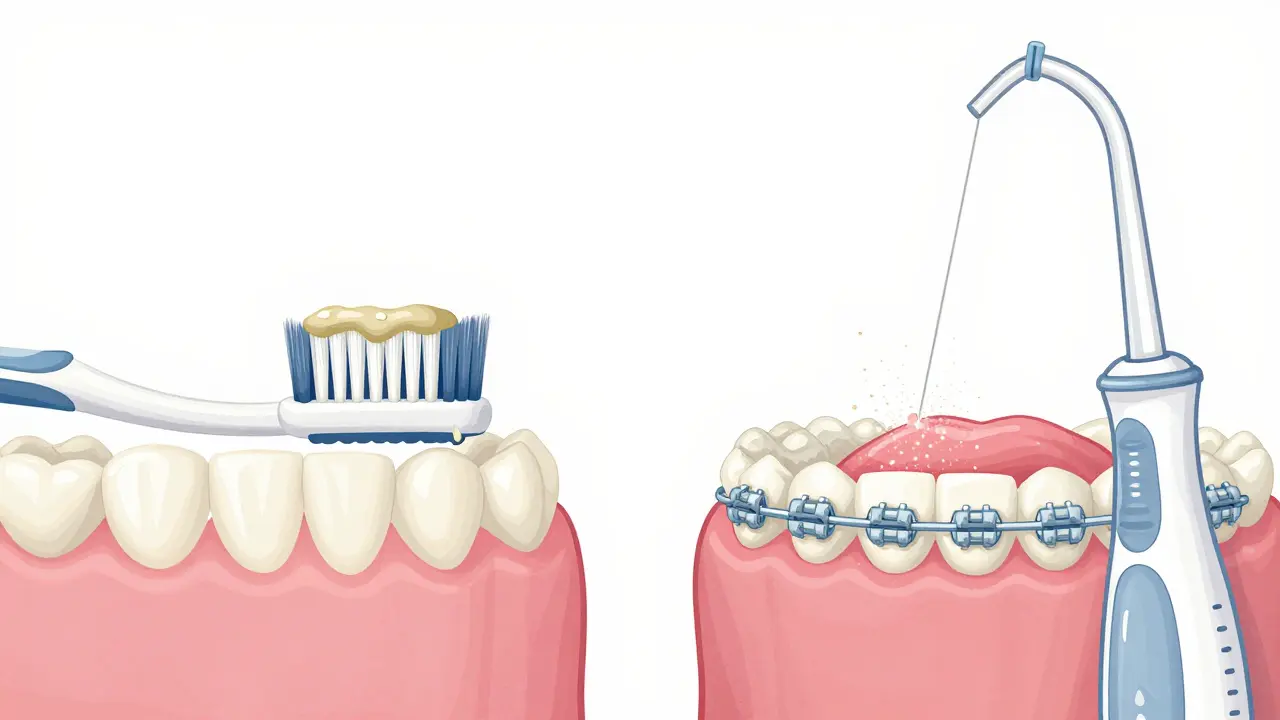 Porovnání čištění zubů: kartáček oproti ústní sprše s proudem vody odstraňujícím plak.