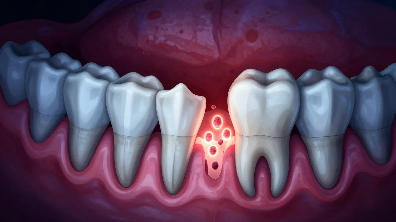 Příčný řez čelisti ukazující zasunutý zub moudrosti tlačící do sousedního zubu s infekcí v dásni.