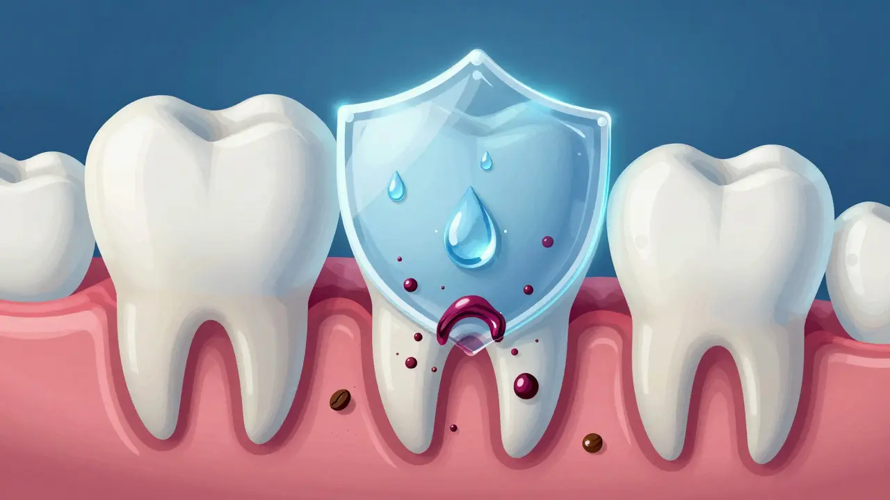 Průřez zubu s otevřenými pórůmi, do kterých pronikají barviva, zatímco voda a fluorid zabraňují ztmavení.