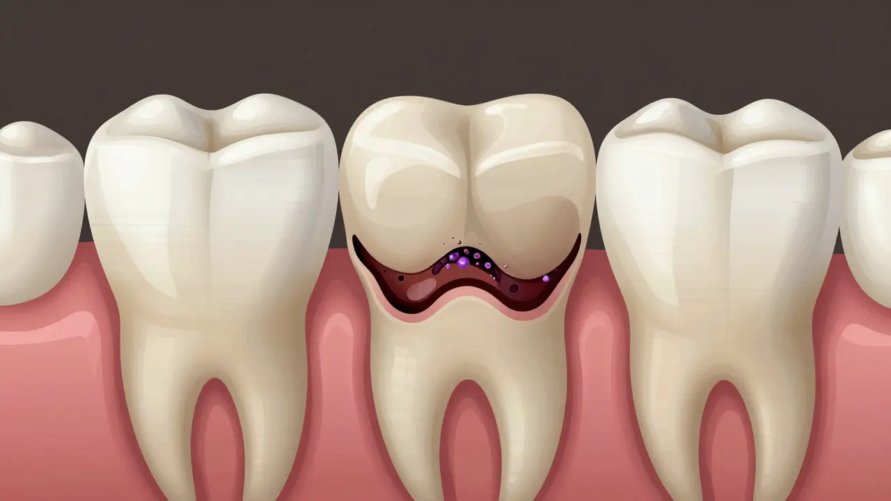 Řez zubem s plněním a skrytou kazivou oblastí pod ním.