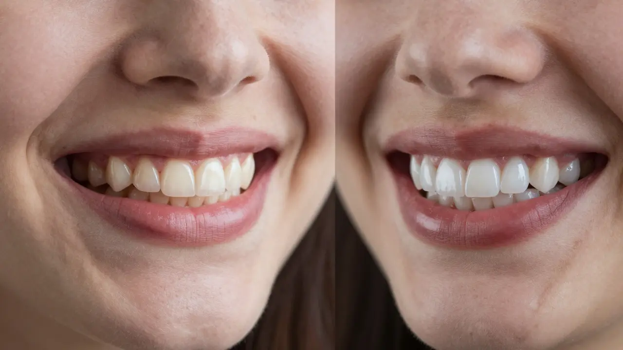 Side-by-side comparison of natural teeth versus teeth with porcelain veneers in a mirror.