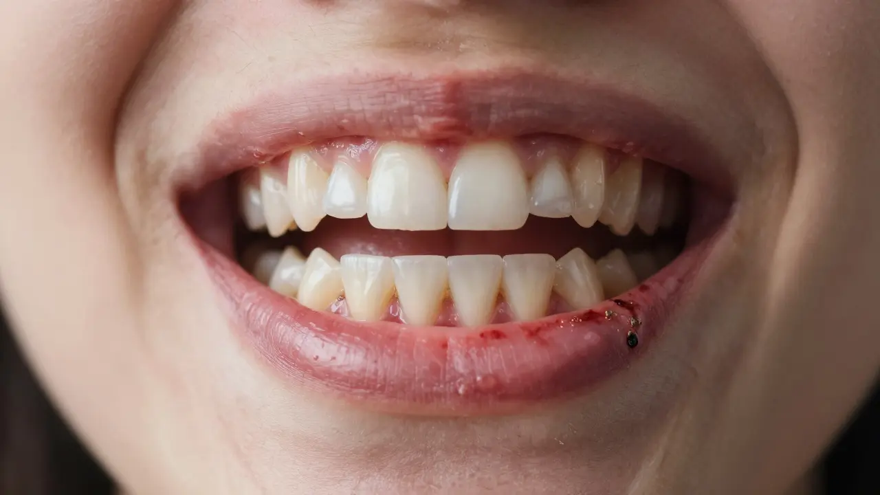 Srovnání zdravých a zánětlivých dásní s tvrdým zubním kamenem.