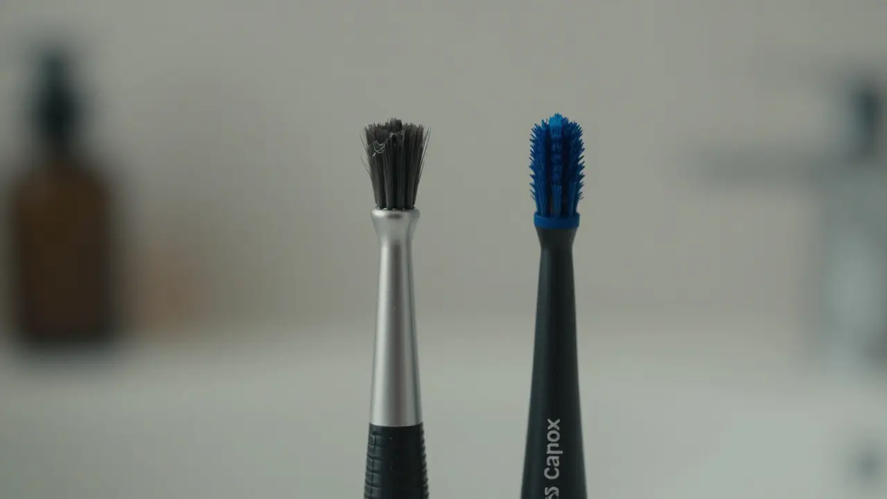 Stará a nová hlavička Curaprox s modrým indikátorem pro výměnu.