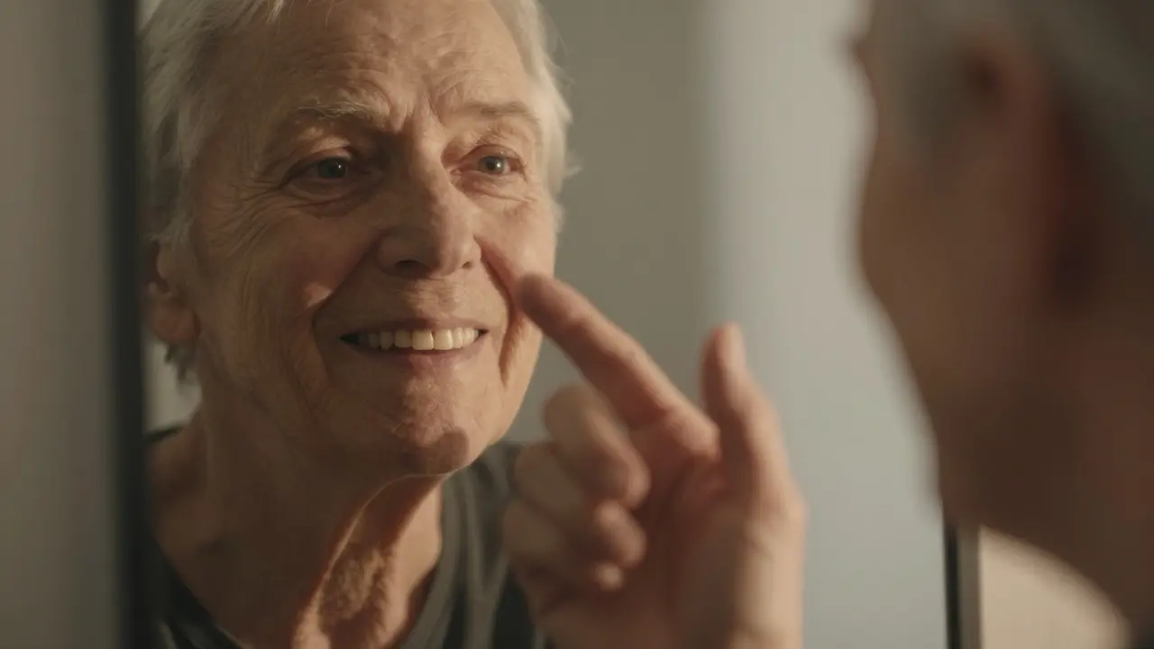 Starý člověk se dotýká svého bezzubého úsměvu v zrcadle, s vůní ztráty a následků zanedbání.