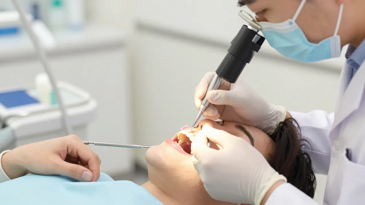 Stomatolog připevňuje porcelánovou vložku na přední zub v klinice.