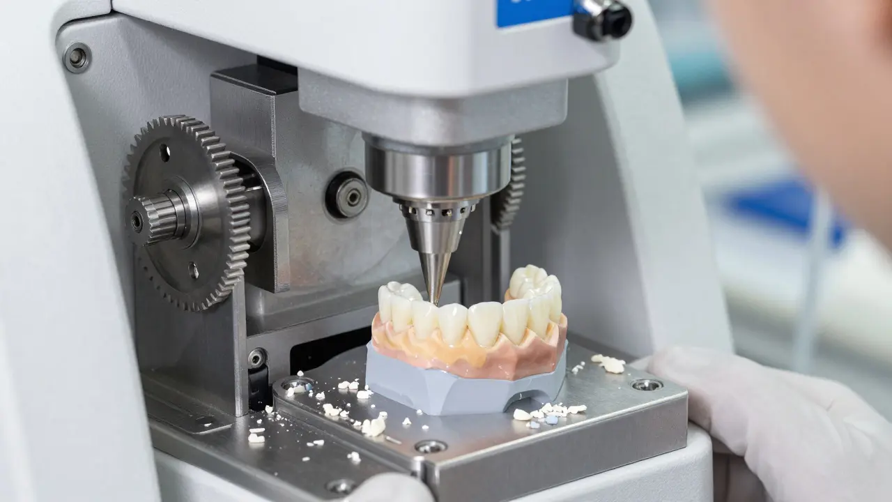 Technik v laboratoři pracuje s CAD/CAM strojem na výrobě korunky.