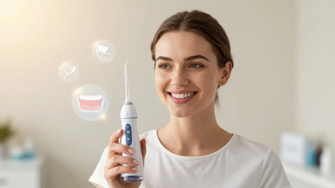 Žena s ústní sprchou Curaprox, kolem ní symboly zdravé ústní hygieny.