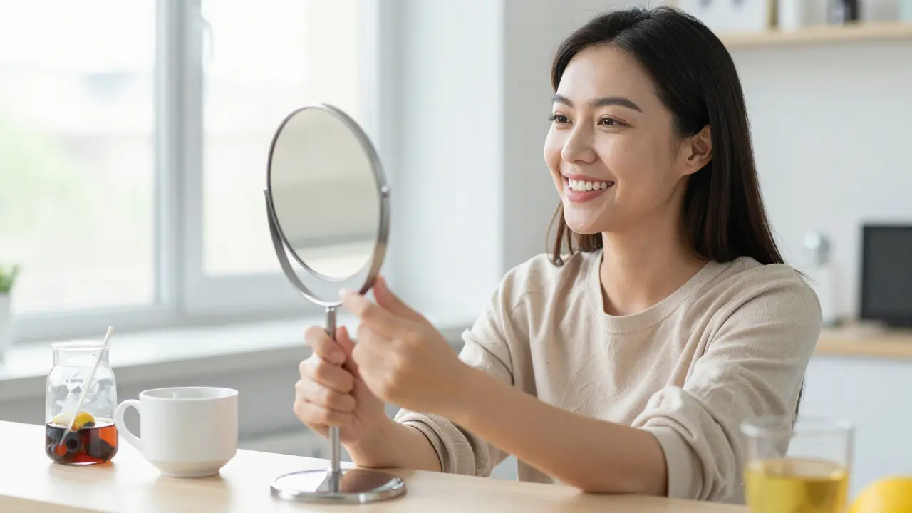 Žena se dívá do zrcadla a ukazuje své světlejší zuby po pískování.