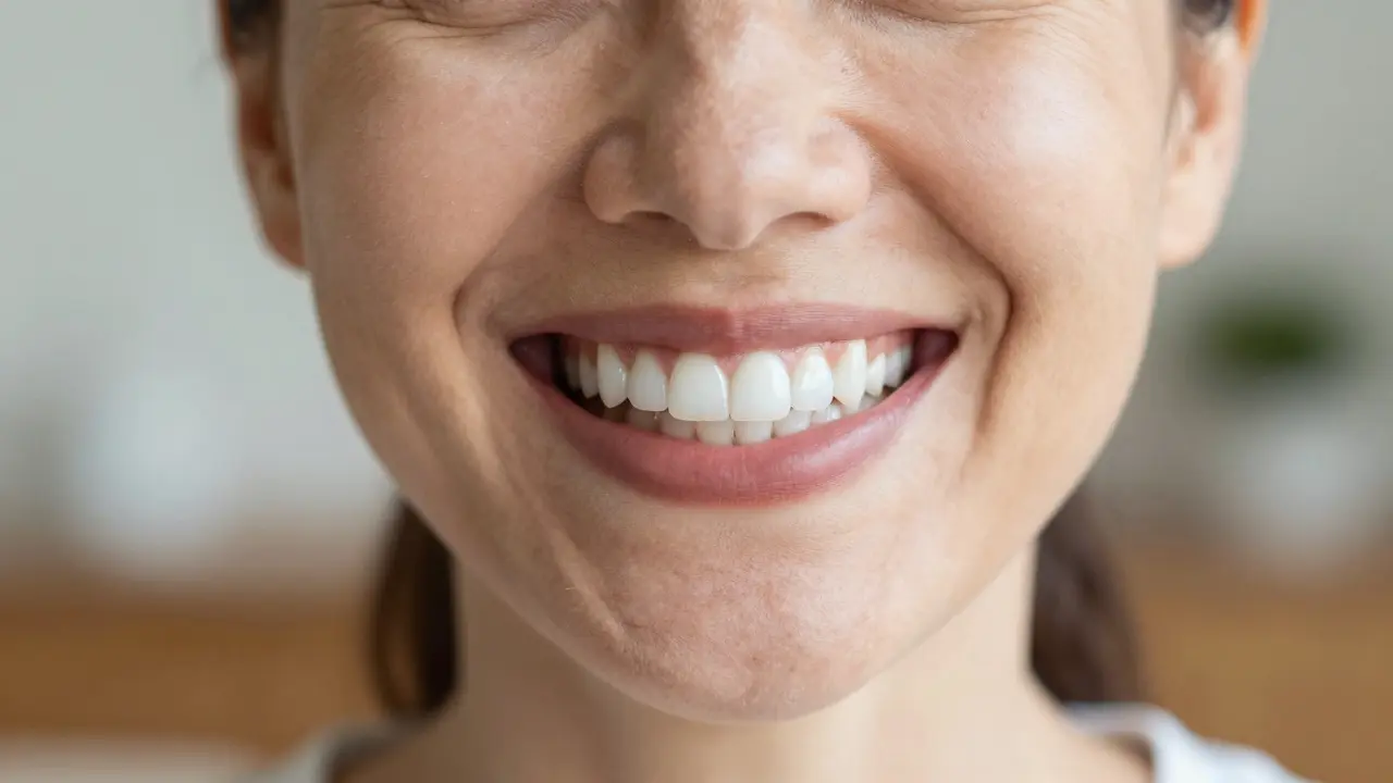 Žena se širokým úsměvem s přirozeně vypadajícími bílými plněními.