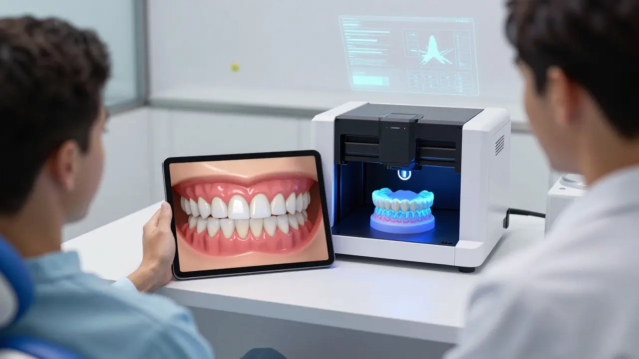Zubař ukazuje pacientovi digitální simulaci nového úsměvu na tabletu s 3D veneery.