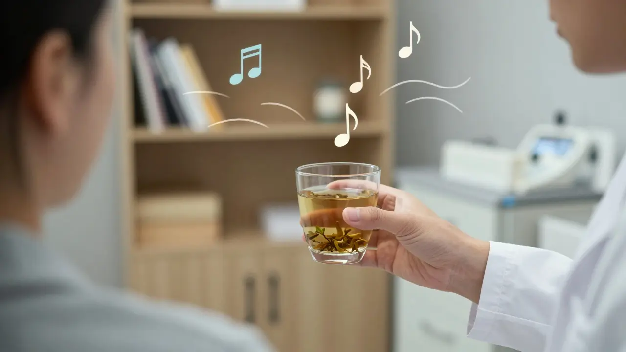 Zubní lékař podává pacientovi čaj v klidné příjmové místnosti, s náznakem klidné hudby a teplé atmosféry.
