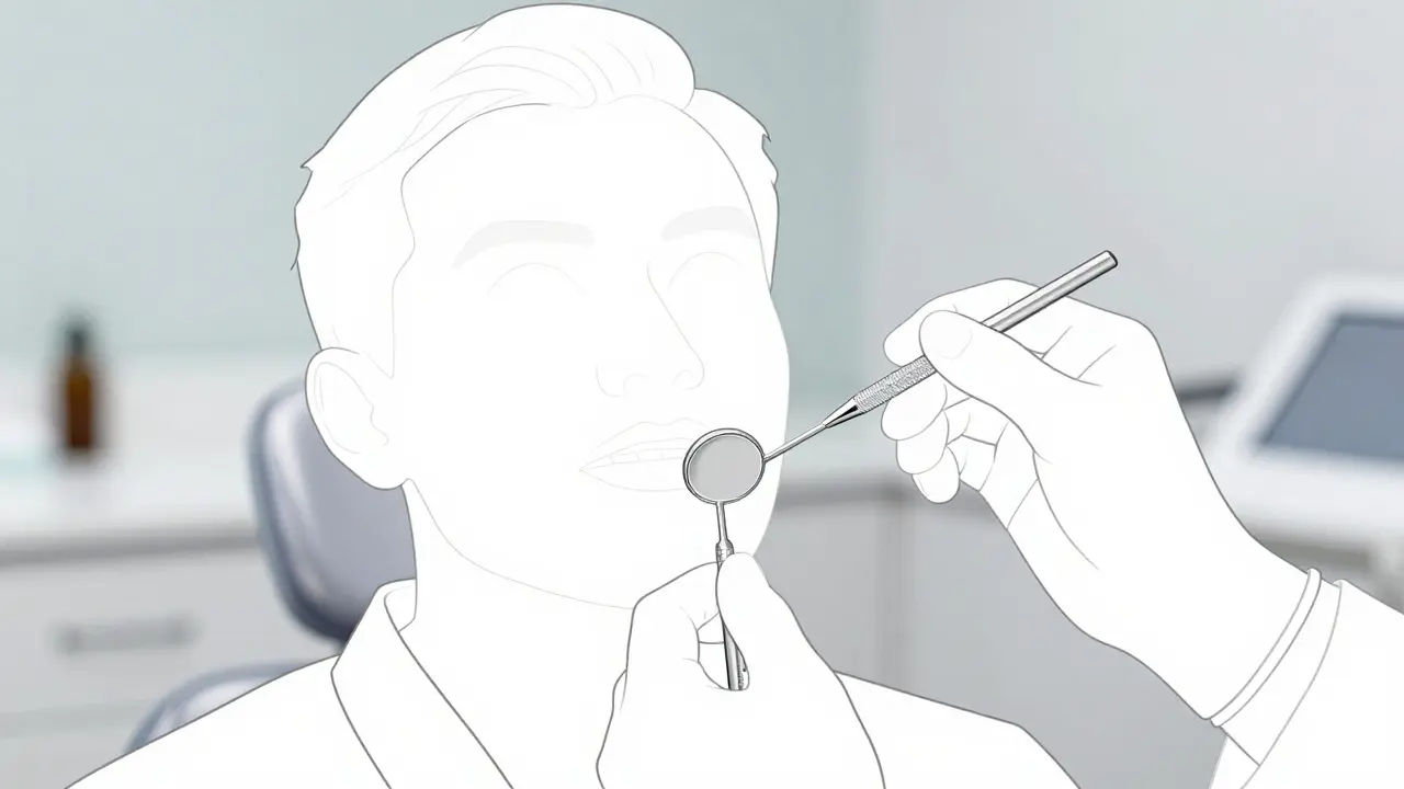 Zubní lékař prohlíží přední zuby pacienta v profesionální ordinaci.