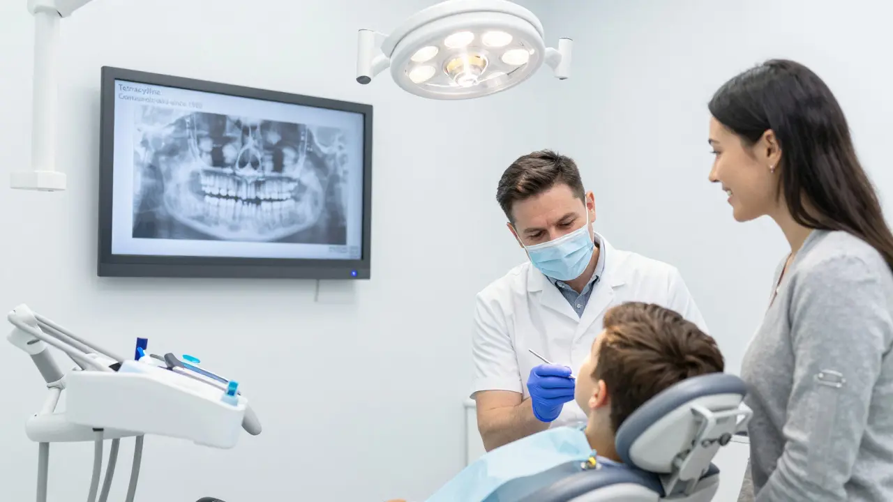 Zubní lékař vyšetřuje dítě v moderní ordinaci s významným upozorněním na zakázaný lék.