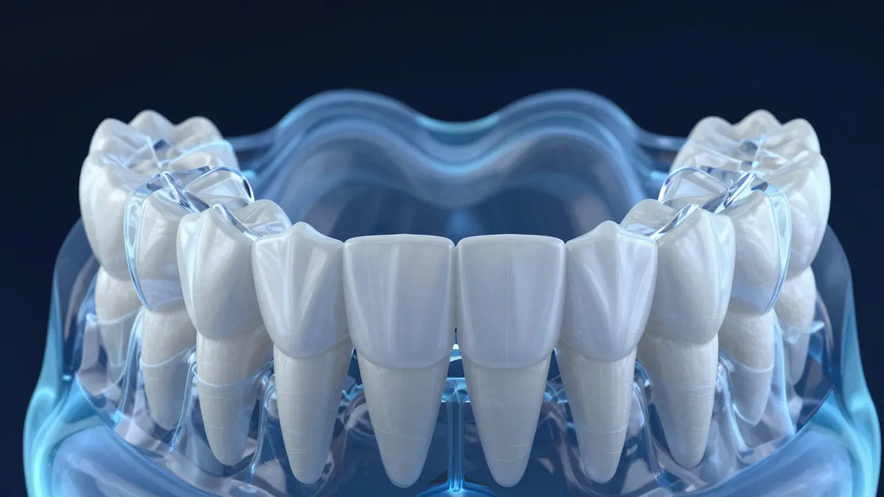 3D model showing gradual tooth movement using transparent aligners.