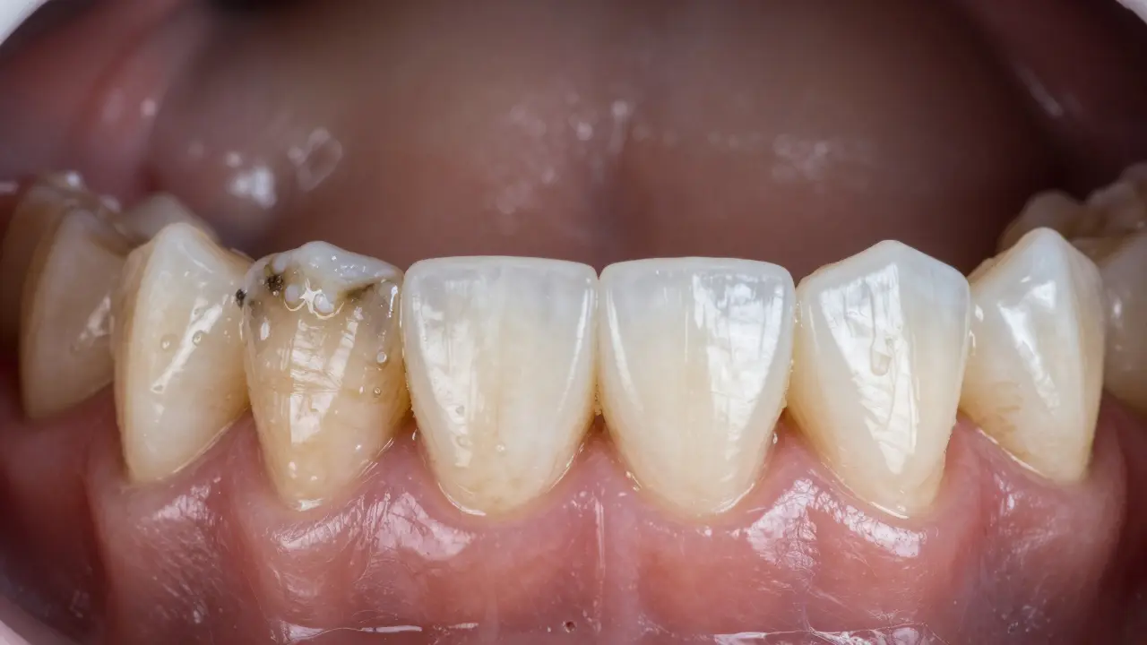 Close-up of a tooth before and after air polishing, showing removal of plaque and tartar.