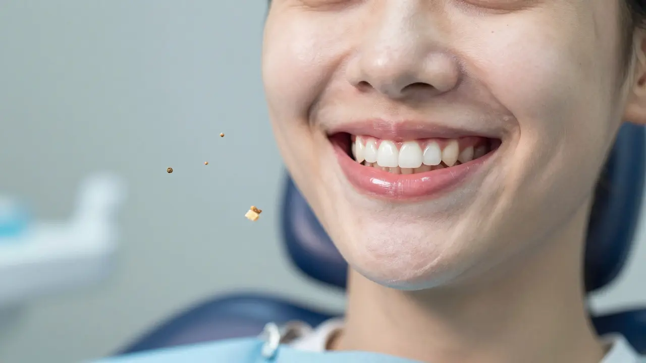 Člověk se široce usmívá s čistými zuby a zdravými dásněmi po profesionálním čištění.