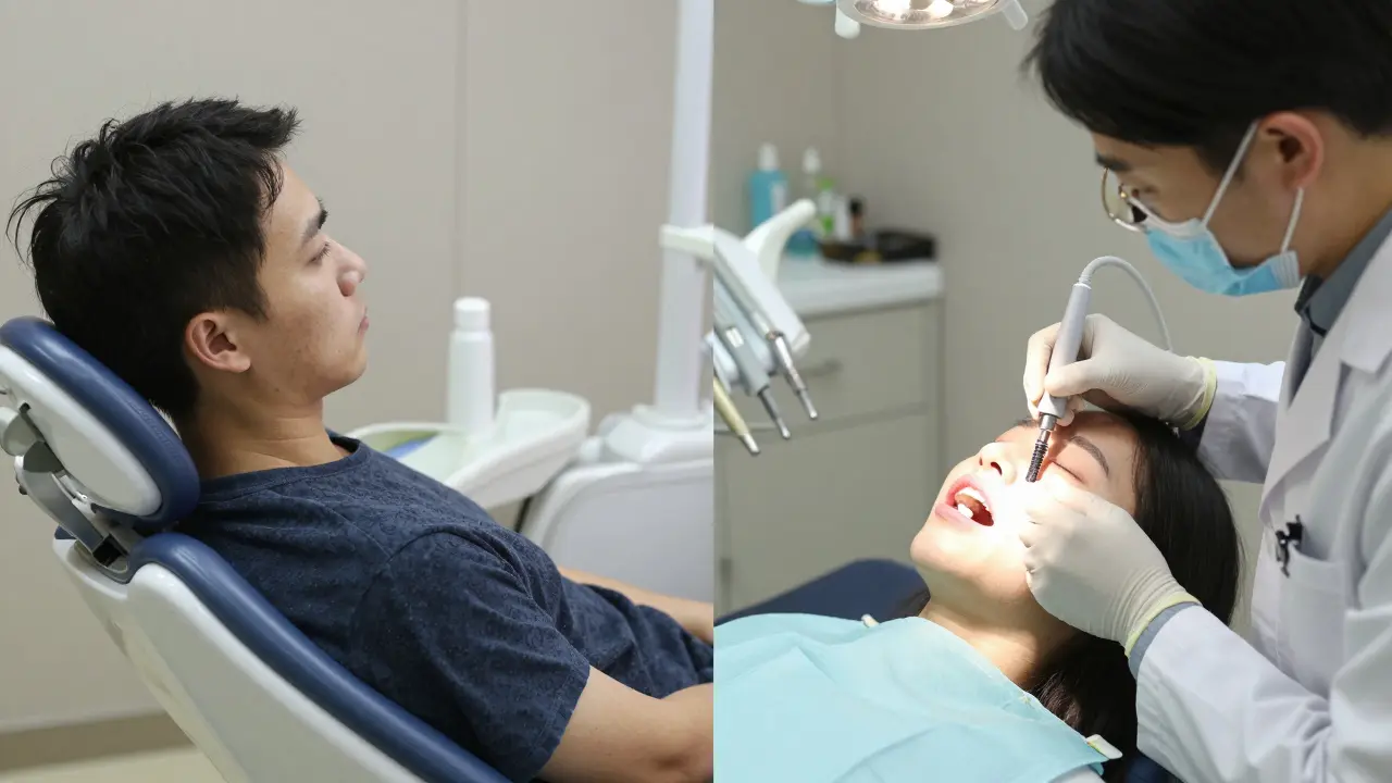 Contrasting dental care scenes: poor implant placement without gum treatment vs. comprehensive planning in a private clinic.