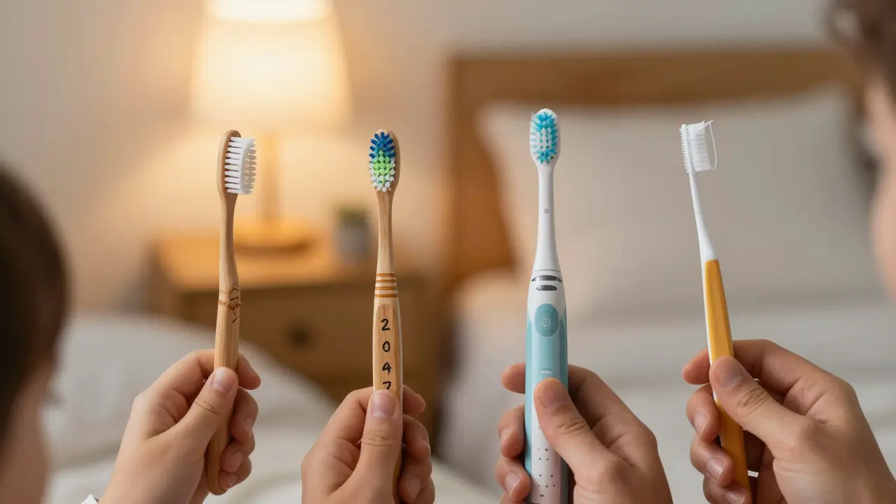 Čtyři členové rodiny drží své označené zubní kartáčky s viditelnými znaky opotřebení.