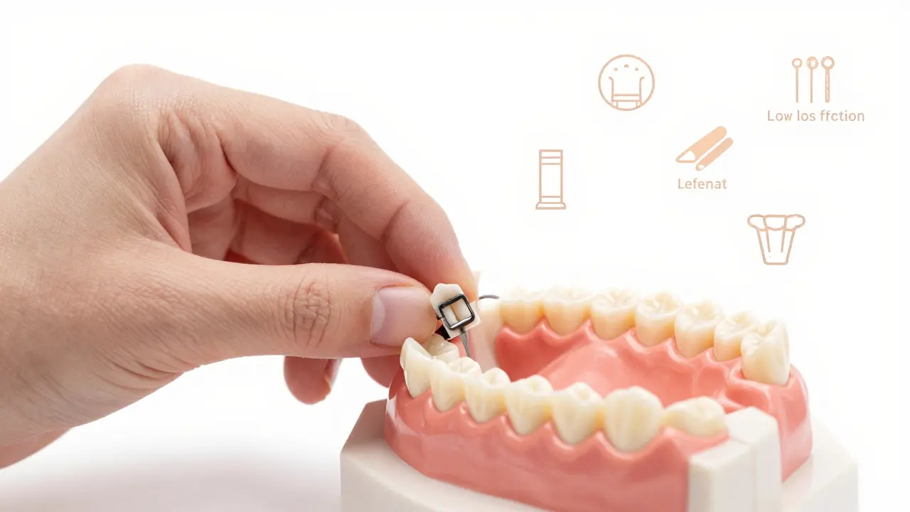 Dental technik instaluje teflonové dráty do keramických plechovek pro minimální tlak.