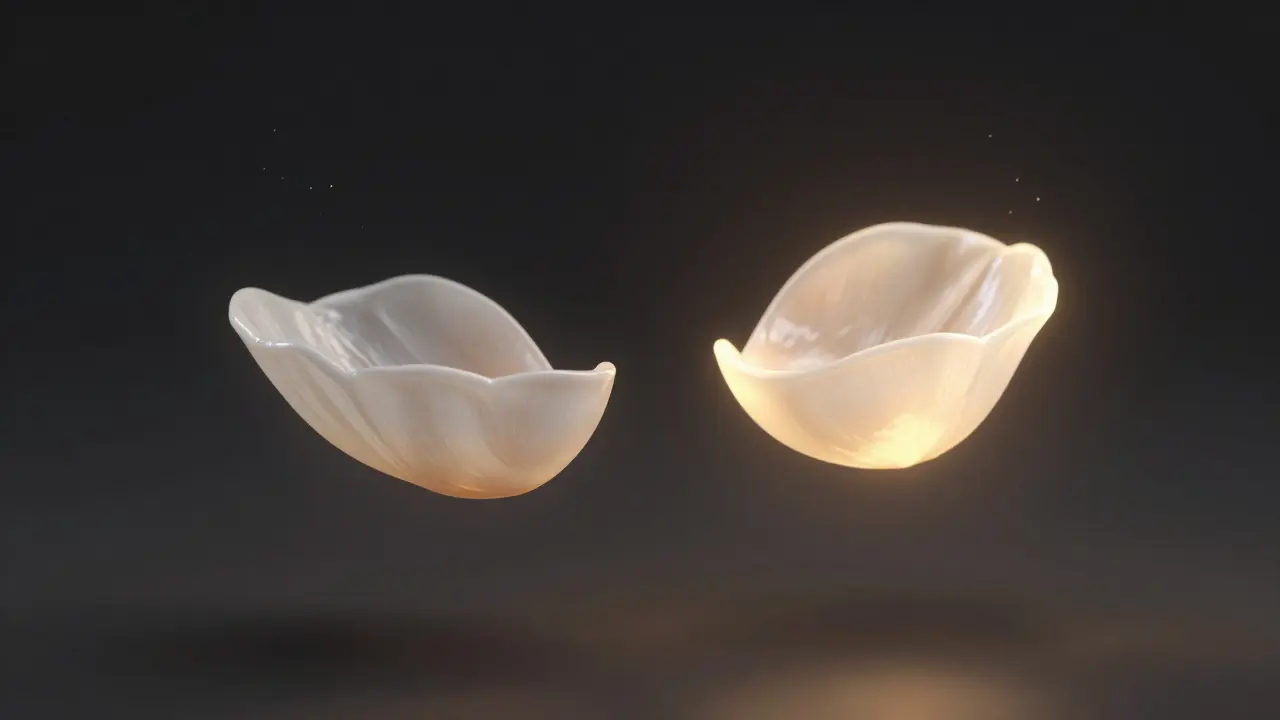 Dvě tenké keramické fazety ve výši úsměvu — jedna přirozená a jemně zářící, druhá umělá a nevyvážená.