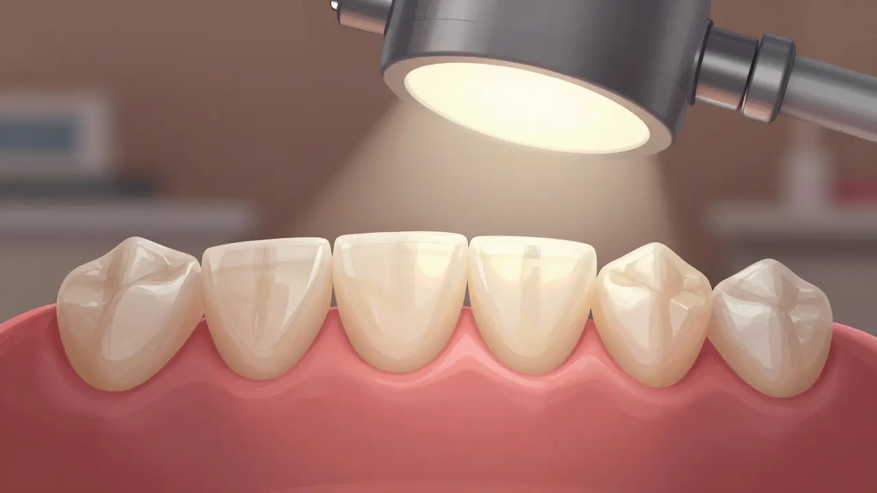 Estetická obnova zubu s vrstveným kompozitem, který imituje přirozenou průhlednost skloviny.