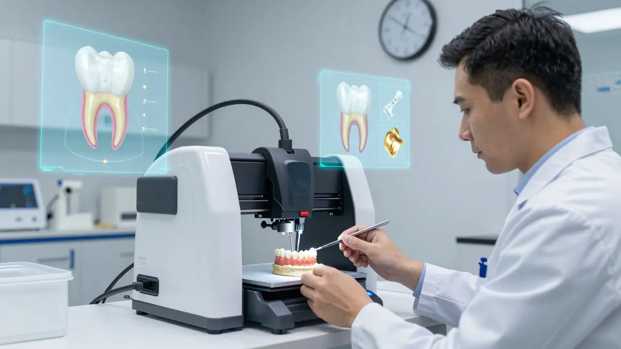 High-tech dental lab using 3D printing to create a ceramic tooth inlay in 2026.