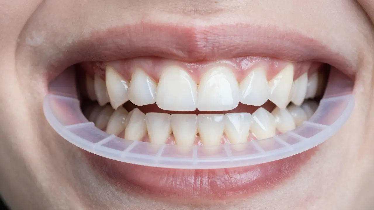 Makro záběr bělicího gelu v dásníku na zubech.