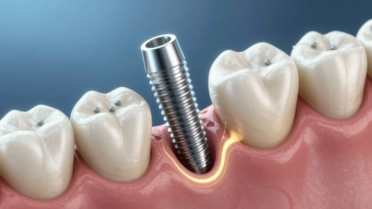 Mikroskopický pohled na zubní implantát spojený s kostí, znázorňující hojení po záření.