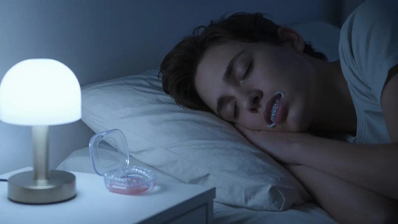 Noční retainer v krabičce na nočním stolku, osvětlený jemným světlem, zuby v klidu.