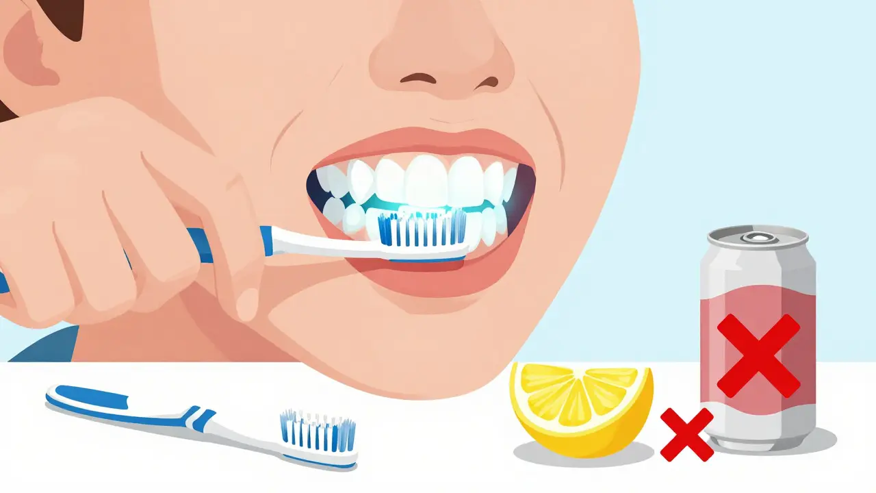 Osoba čistí zuby měkkým kartáčkem kruhovými pohyby, s ochrannou vrstvou na zubech a odstraněnými škodlivými předměty.