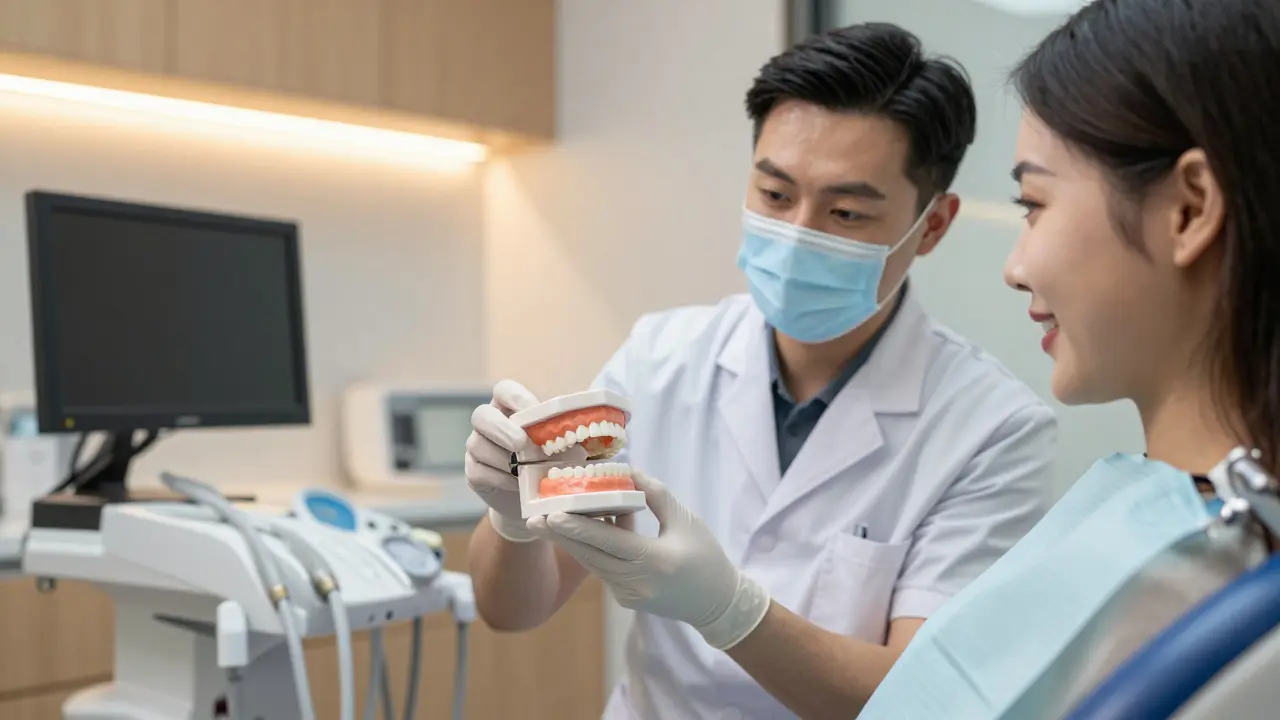 Pacient a zubař plánují nový úsměv pomocí plastového modelu.