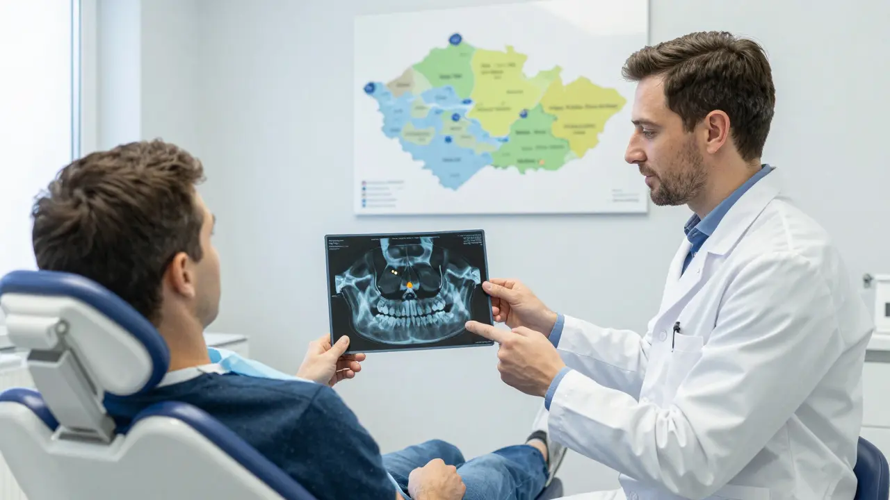 Pacient a zubař prohlížejí 3D CT sken čelisti v specializované klinice v České republice.