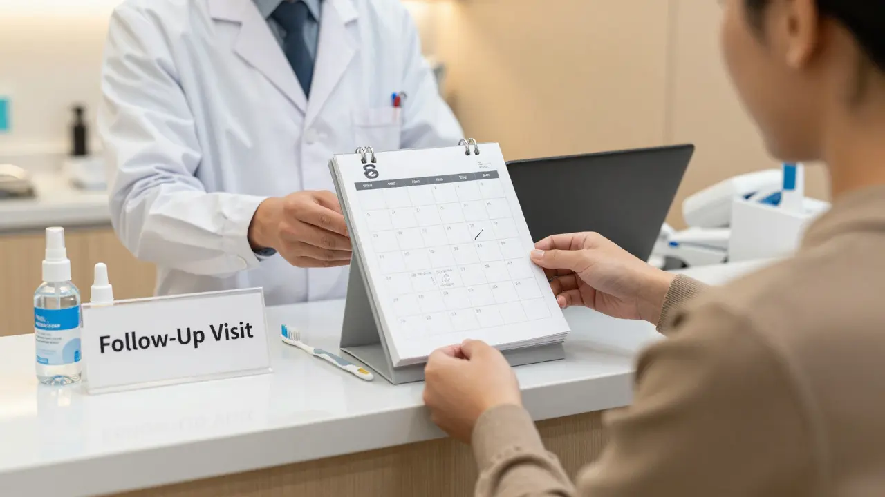 Pacient navštěvuje zubního lékaře na následnou kontrolu po pískování zubů.