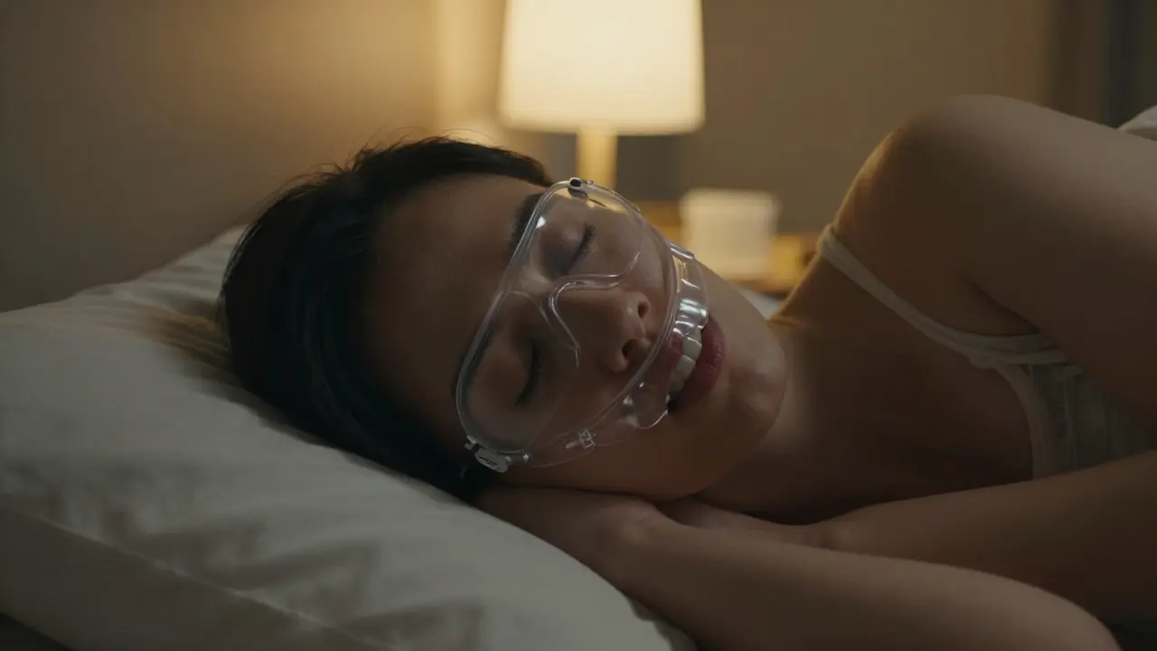 Pacient spící s ochranným chráničem proti skřípění zubů.