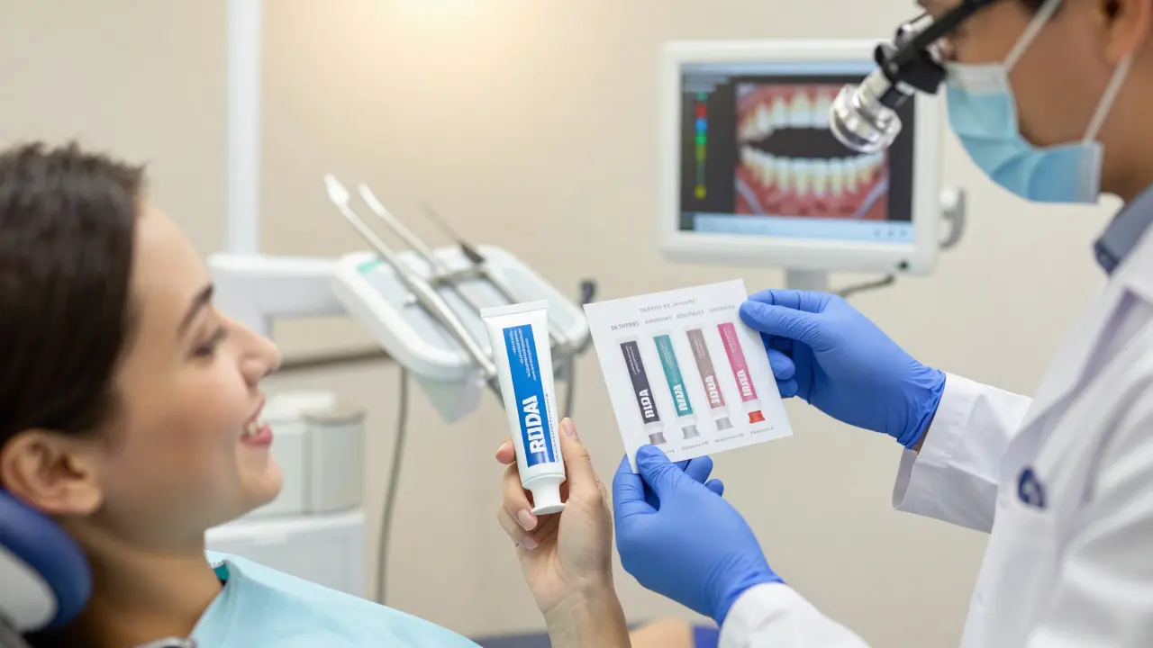 Pacient v zubní ordinaci s lékařem, kteří si prohlížejí tabulku s abrazivitou zubních past.