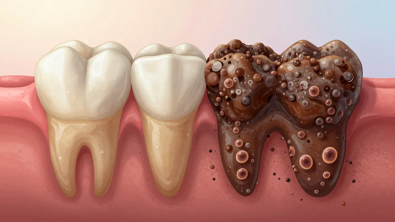 Porovnání zdravého zubu a zubu pokrytého tvrdým zubním kamenem s bakteriemi pod dásní.