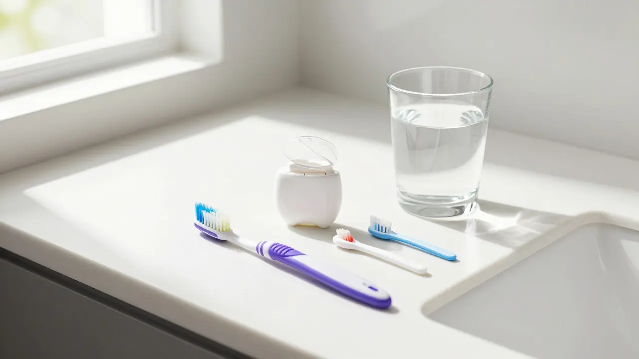 Potřebiče pro denní ústní hygienu na koupelnové desce.