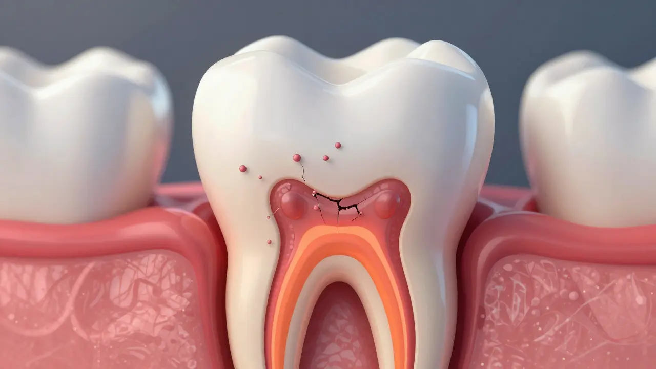 Příčina tlaku v zubu: zánětlivá pульpa a bakterie pronikající skrz mikrotrhlinu.