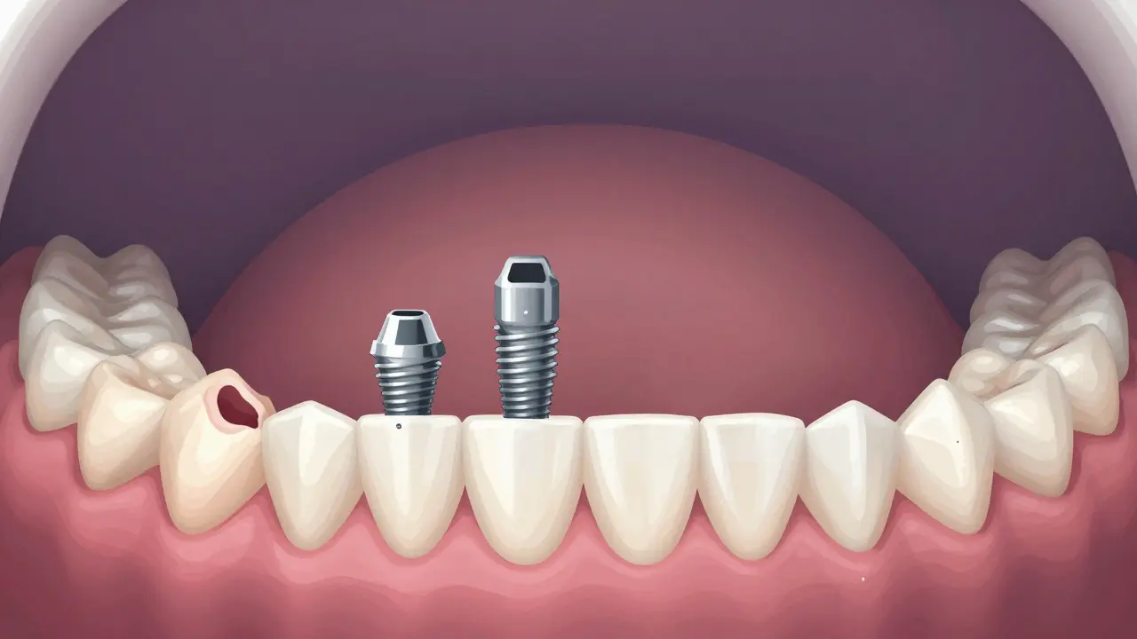 Progression from inflamed gums to healthy smile through proper dental reconstruction stages.