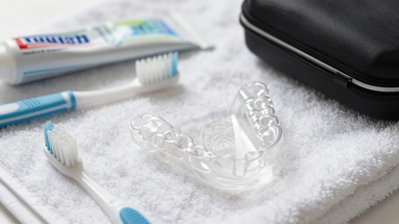 Průhledné rovnátka na bílé ručníku vedle kartáčku a zubní pasty — denní hygiena.