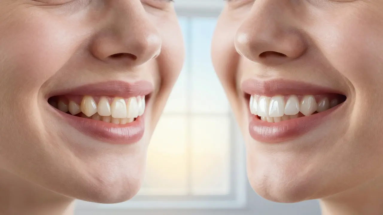 Side-by-side comparison of natural teeth and teeth with ceramic veneers.